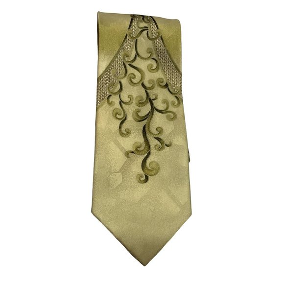 MCM ABSTRACT NECKTIE GOLD GREEN FILIGREE POLYESTER DESIGNER 60" X 4" MENS - Picture 3 of 4